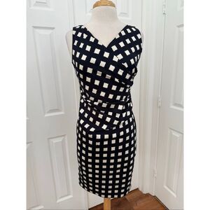 Max Mara Navy White Gingham Checker Ruched Sleeveless Wrap Sheath Dress S
